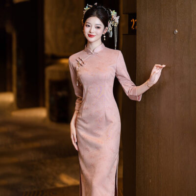 Women Pink Cheongsam Chinese Wedding Attire Long-Length Dress