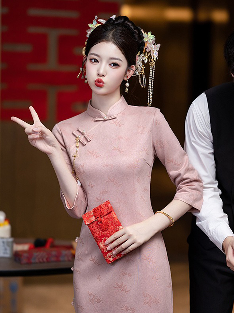 Women Pink Cheongsam Chinese Wedding Attire Long-Length Dress