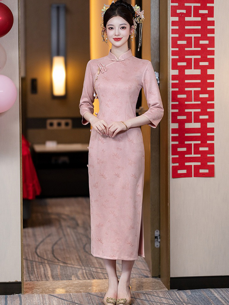 Women Pink Cheongsam Chinese Wedding Attire Long-Length Dress