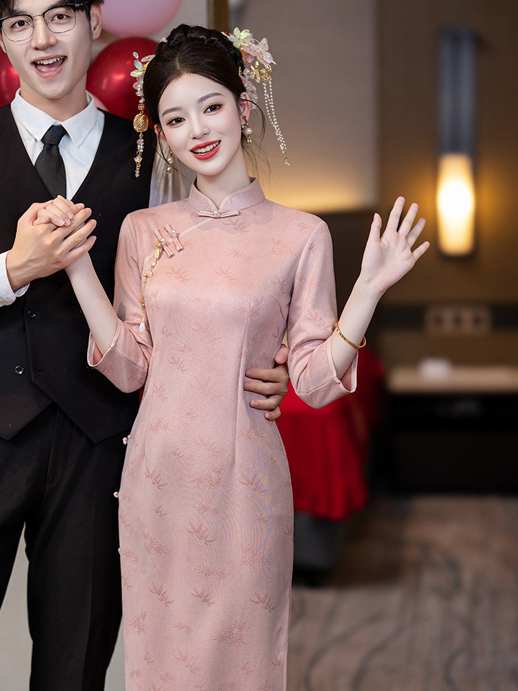 Women Pink Cheongsam Chinese Wedding Attire Long-Length Dress