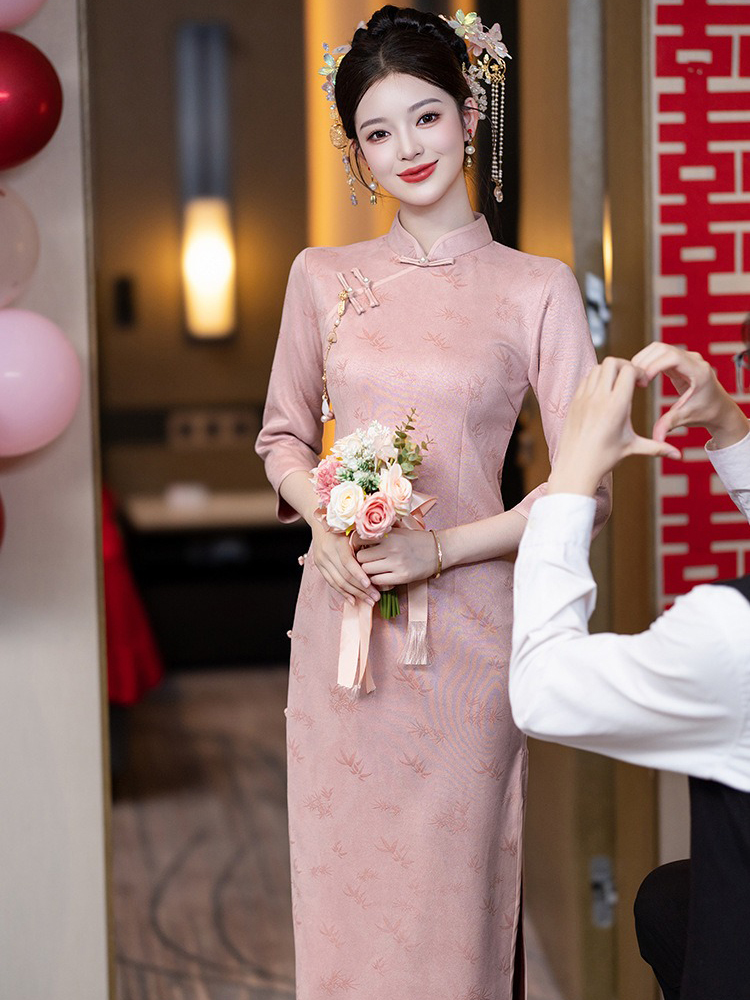 Women Pink Cheongsam Chinese Wedding Attire Long-Length Dress