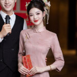 Women Pink Cheongsam Chinese Wedding Attire Long-Length Dress