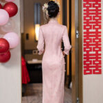 Women Pink Cheongsam Chinese Wedding Attire Long-Length Dress