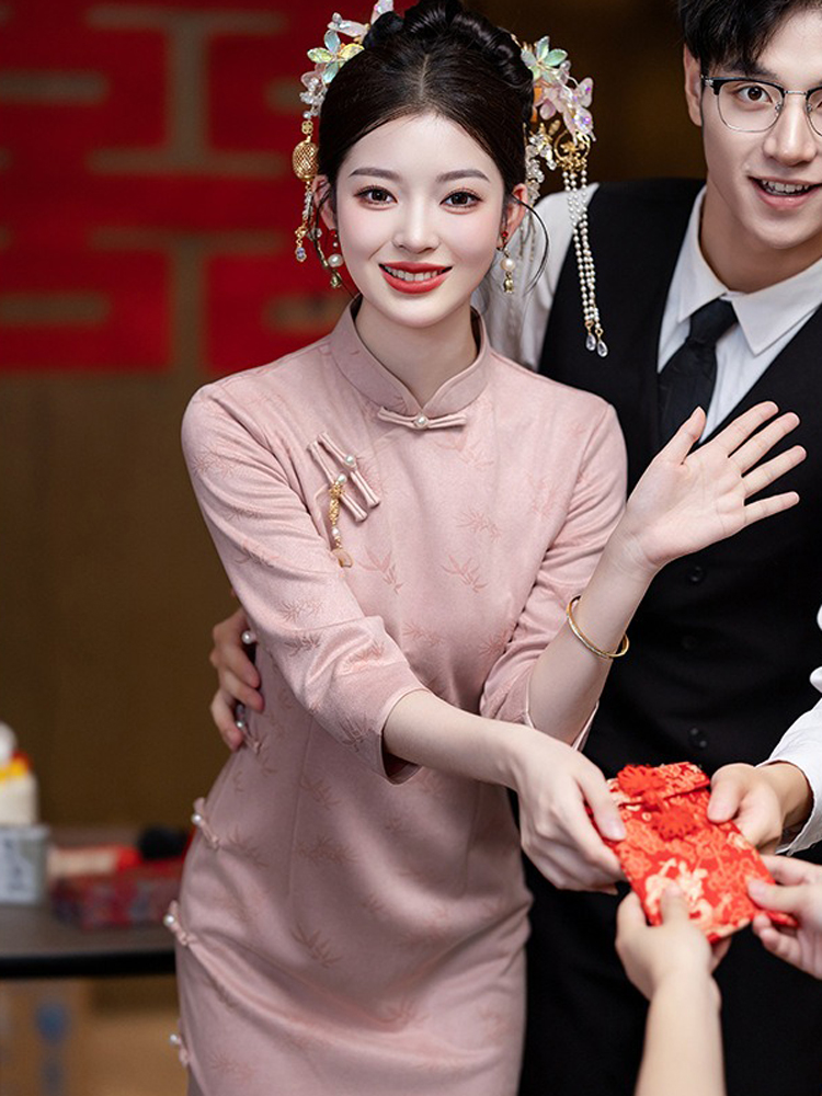 Women Pink Cheongsam Chinese Wedding Attire Long-Length Dress