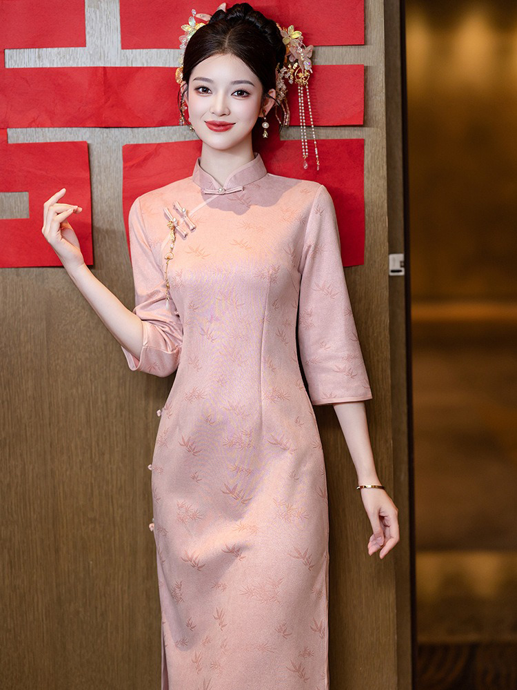 Women Pink Cheongsam Chinese Wedding Attire Long-Length Dress