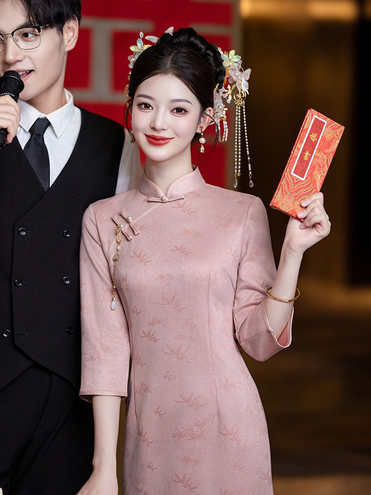 Women Pink Cheongsam Chinese Wedding Attire Long-Length Dress