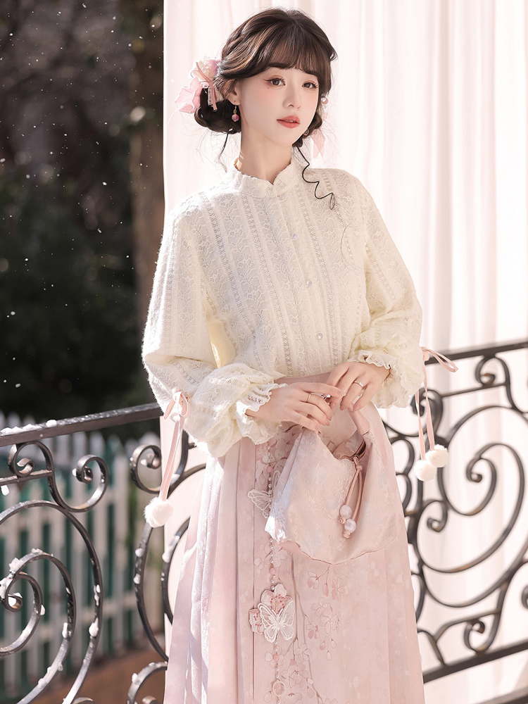 Women Spring Hanfu Ming Dynasty Style Pink Mamian Skirt