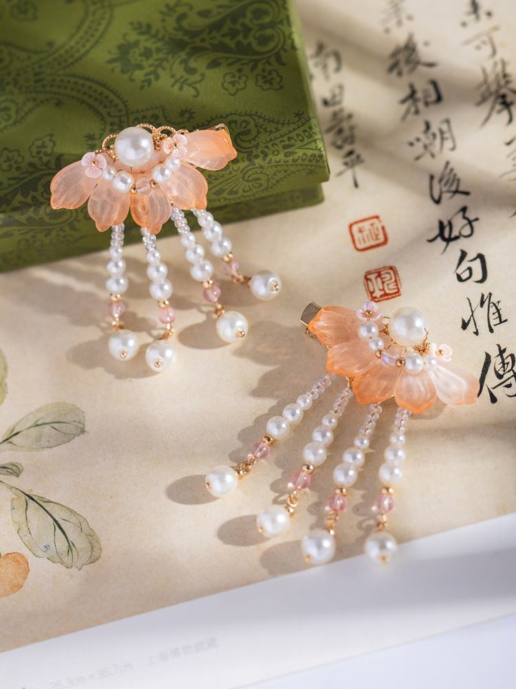 Children's Tassel Hairclips Hanfu-Style Hairpins Orange-Patterned Ancient-Style Hair Accessories