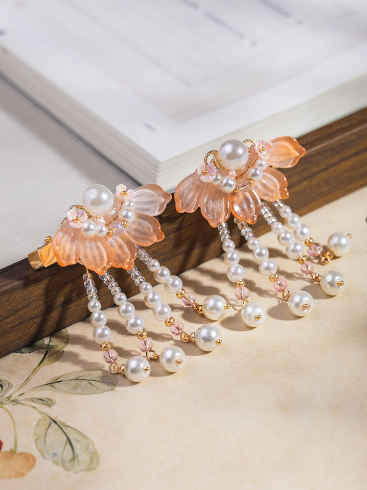 Children's Tassel Hairclips Hanfu-Style Hairpins Orange-Patterned Ancient-Style Hair Accessories