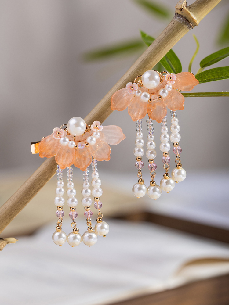 Children's Tassel Hairclips Hanfu-Style Hairpins Orange-Patterned Ancient-Style Hair Accessories