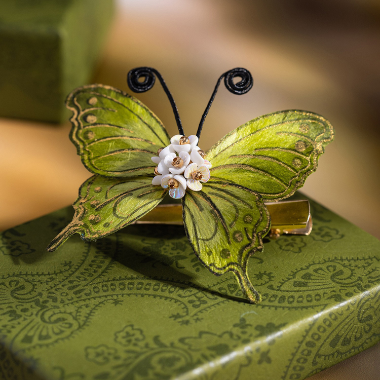Handmade Intangible Cultural Heritage Felt Flower Hair Accessory Green Butterfly Hair Clip for Women Hanfu