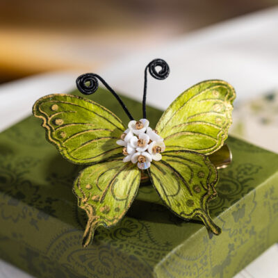 Handmade Intangible Cultural Heritage Felt Flower Hair Accessory Green Butterfly Hair Clip for Women Hanfu