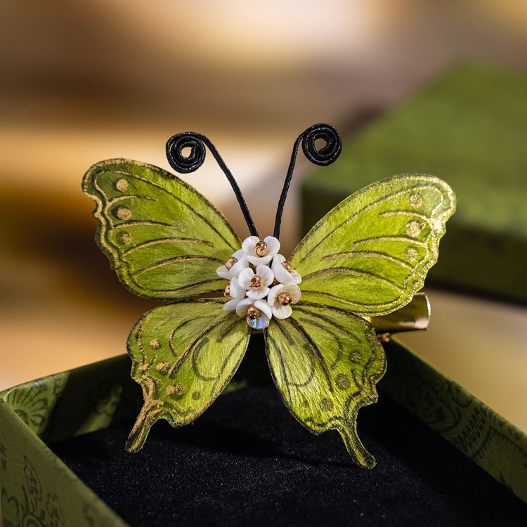 Handmade Intangible Cultural Heritage Felt Flower Hair Accessory Green Butterfly Hair Clip for Women Hanfu