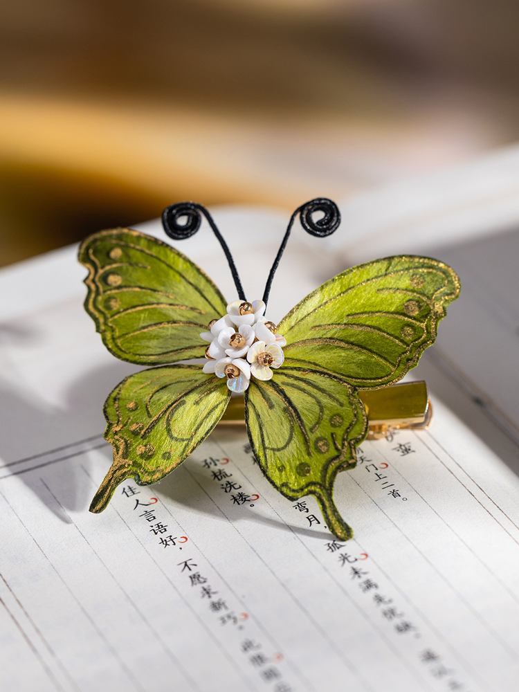 Handmade Intangible Cultural Heritage Felt Flower Hair Accessory Green Butterfly Hair Clip for Women Hanfu