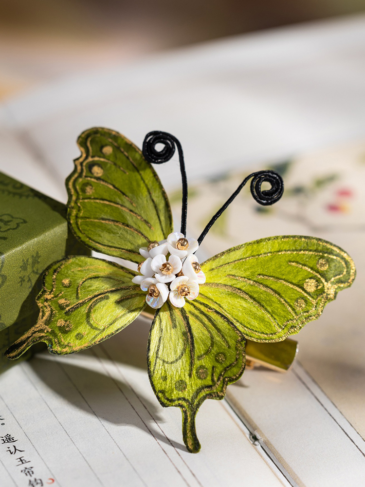 Handmade Intangible Cultural Heritage Felt Flower Hair Accessory Green Butterfly Hair Clip for Women Hanfu