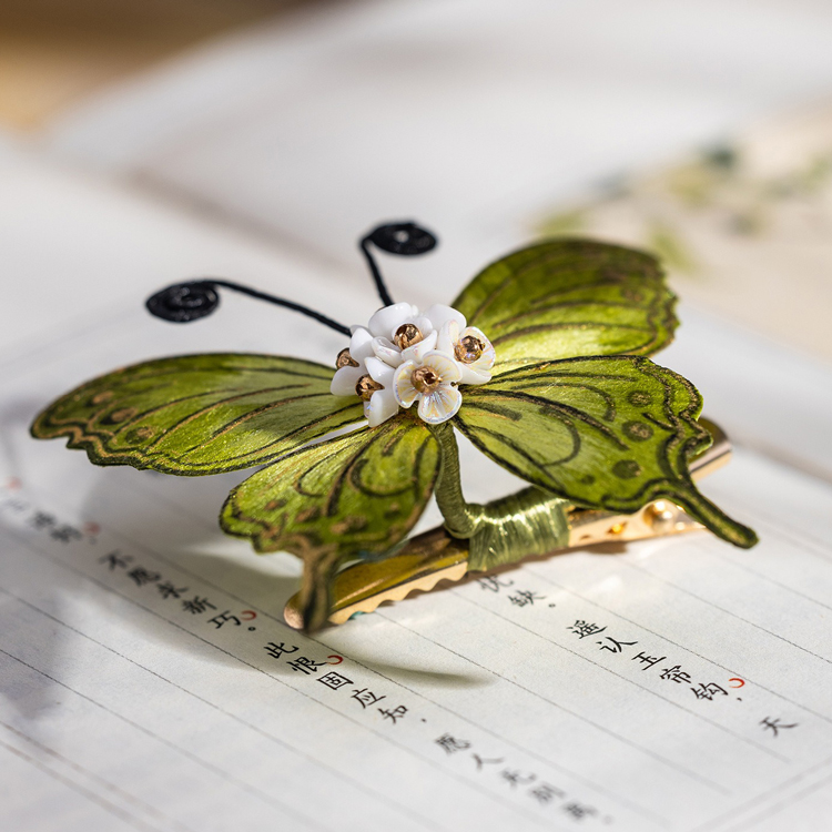 Handmade Intangible Cultural Heritage Felt Flower Hair Accessory Green Butterfly Hair Clip for Women Hanfu