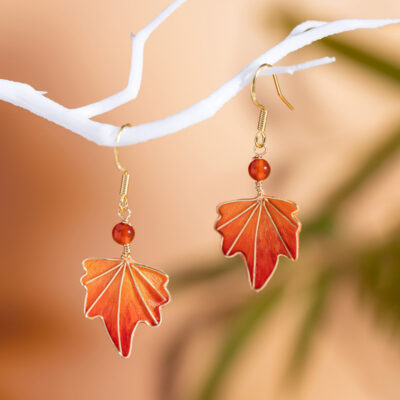 Handmade Silk Maple Leaf-Shaped Earrings Intangible Cultural Heritage Inspired Hanfu Accessories