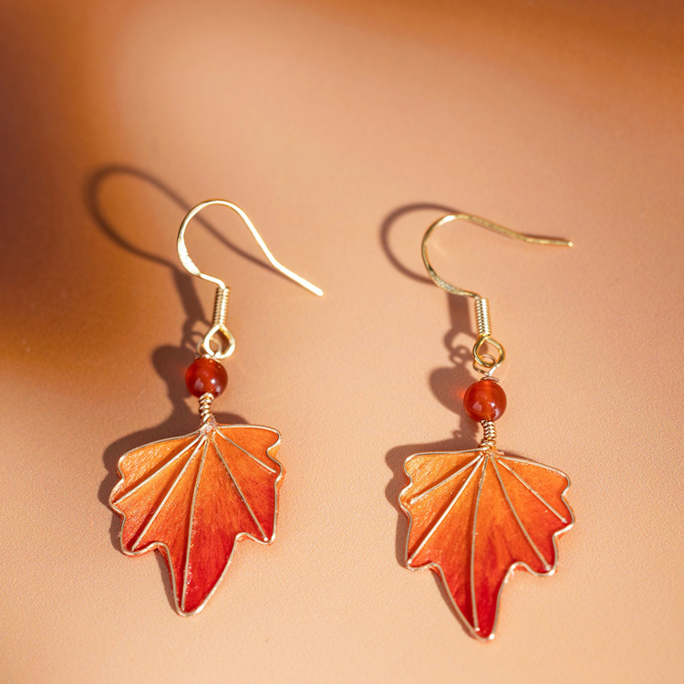 Handmade Silk Maple Leaf-Shaped Earrings Intangible Cultural Heritage Inspired Hanfu Accessories