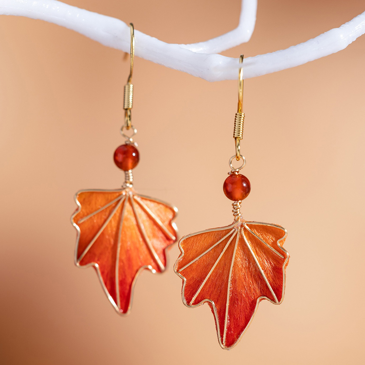 Handmade Silk Maple Leaf-Shaped Earrings Intangible Cultural Heritage Inspired Hanfu Accessories