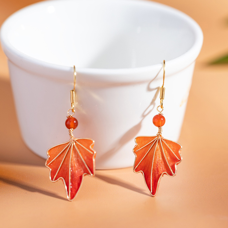 Handmade Silk Maple Leaf-Shaped Earrings Intangible Cultural Heritage Inspired Hanfu Accessories