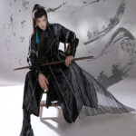 Men Martial Arts Hanfu Set Black Long Round-Neck Robe