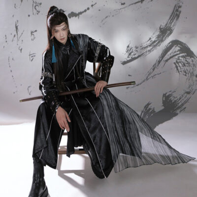 Men Martial Arts Hanfu Set Black Long Round-Neck Robe