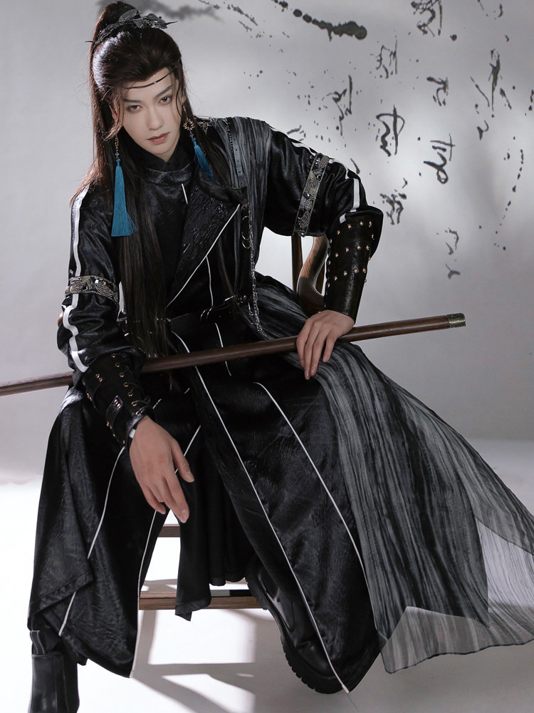 Men Martial Arts Hanfu Set Black Long Round-Neck Robe