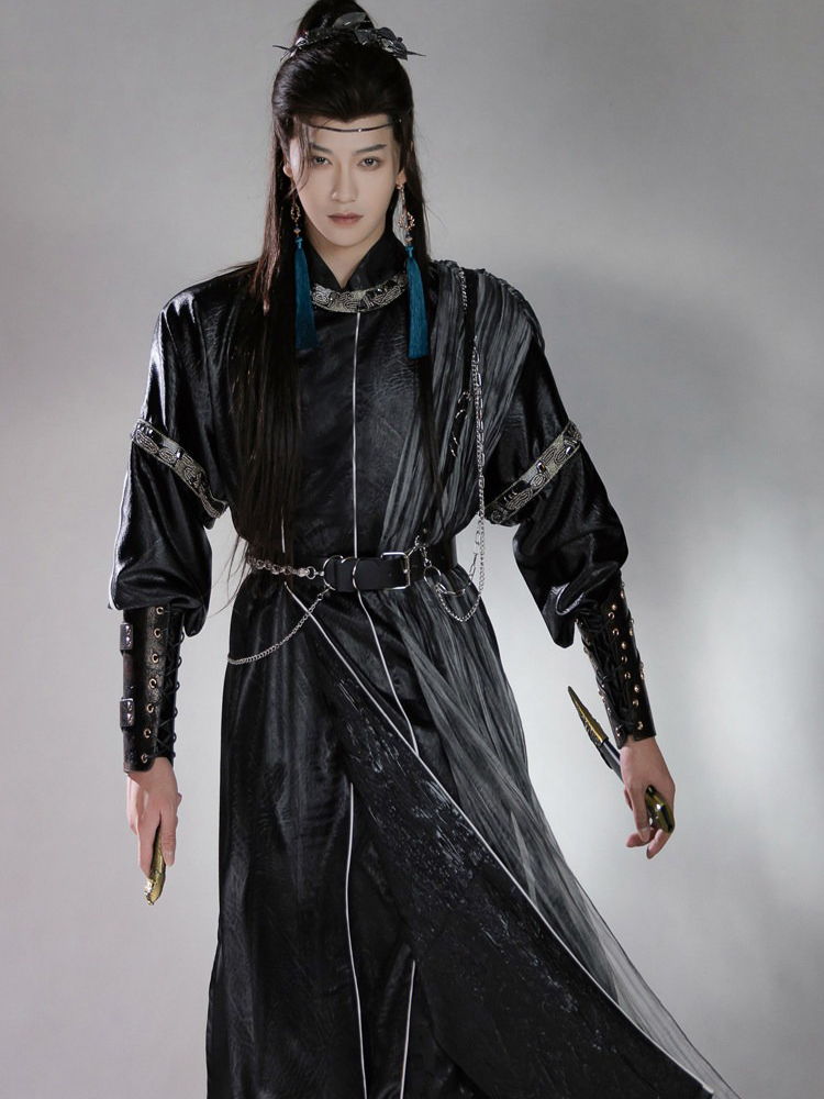 Men Martial Arts Hanfu Set Black Long Round-Neck Robe