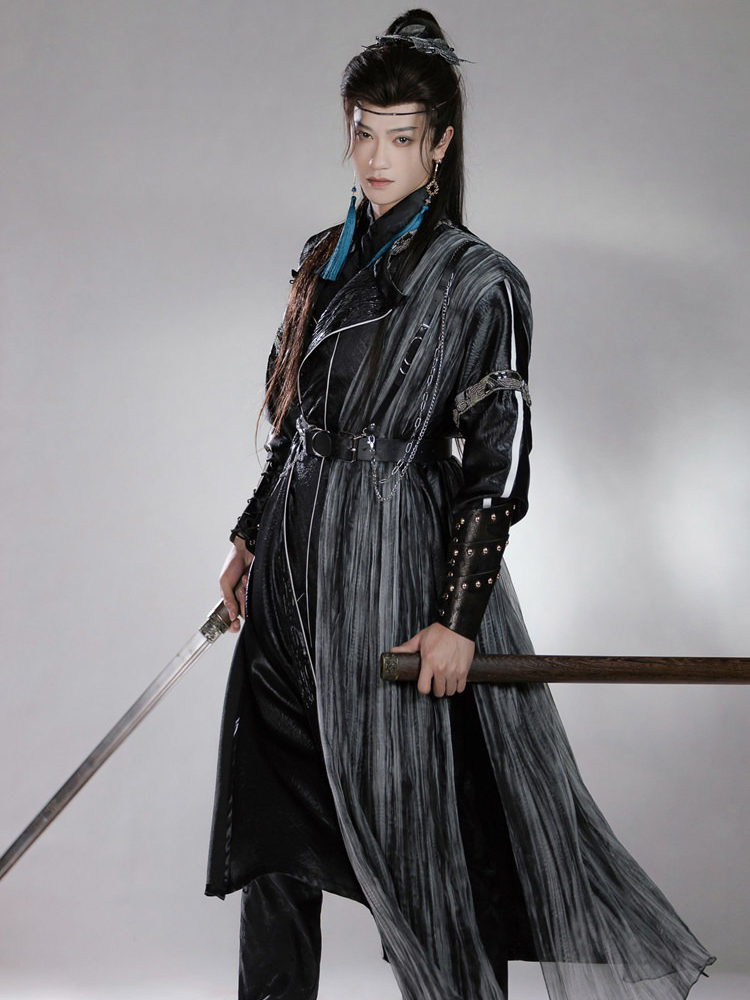 Men Martial Arts Hanfu Set Black Long Round-Neck Robe