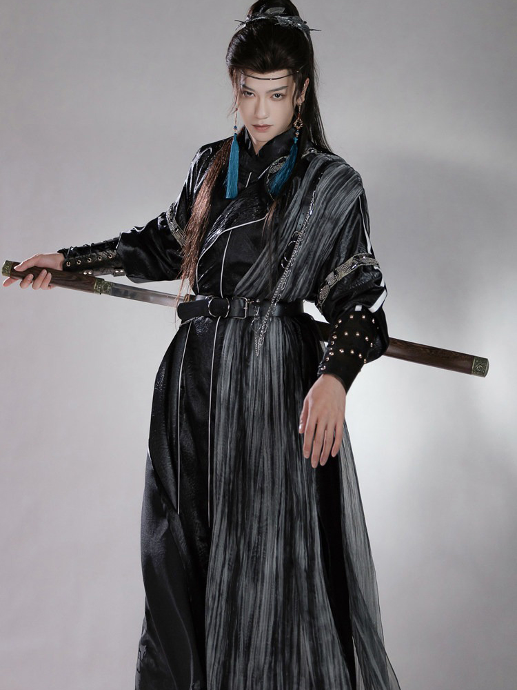 Men Martial Arts Hanfu Set Black Long Round-Neck Robe