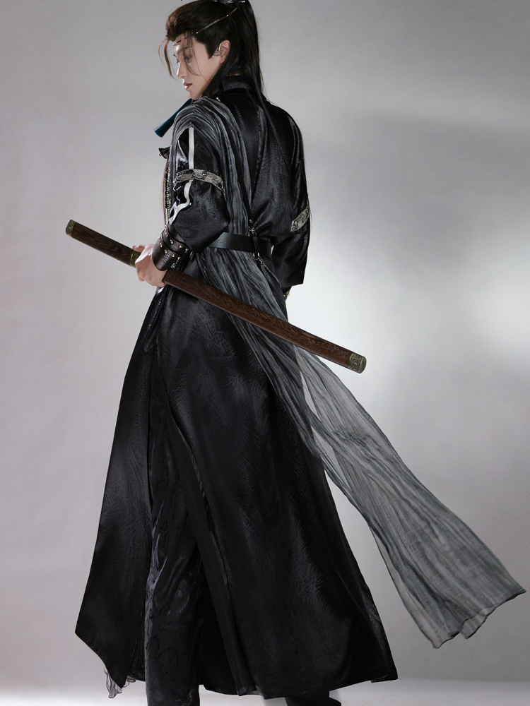 Men Martial Arts Hanfu Set Black Long Round-Neck Robe