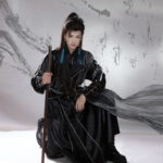 Men Martial Arts Hanfu Set Black Long Round-Neck Robe