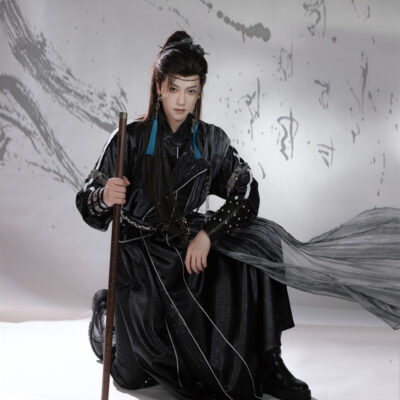 Men Martial Arts Hanfu Set Black Long Round-Neck Robe