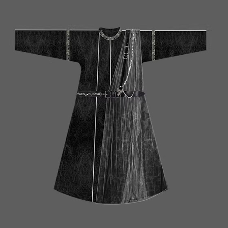 Men Martial Arts Hanfu Set Black Long Round-Neck Robe