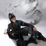 Men Martial Arts Hanfu Set Black Long Round-Neck Robe