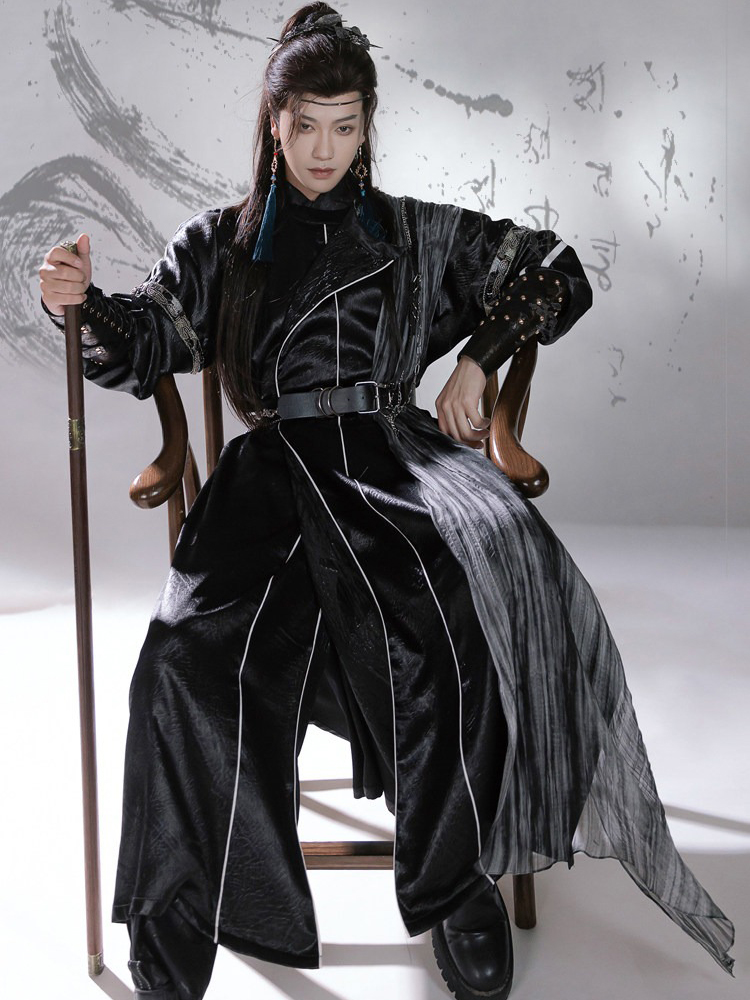 Men Martial Arts Hanfu Set Black Long Round-Neck Robe