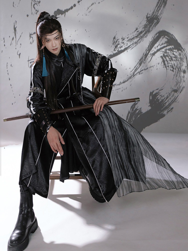 Men Martial Arts Hanfu Set Black Long Round-Neck Robe