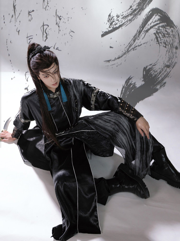 Men Martial Arts Hanfu Set Black Long Round-Neck Robe