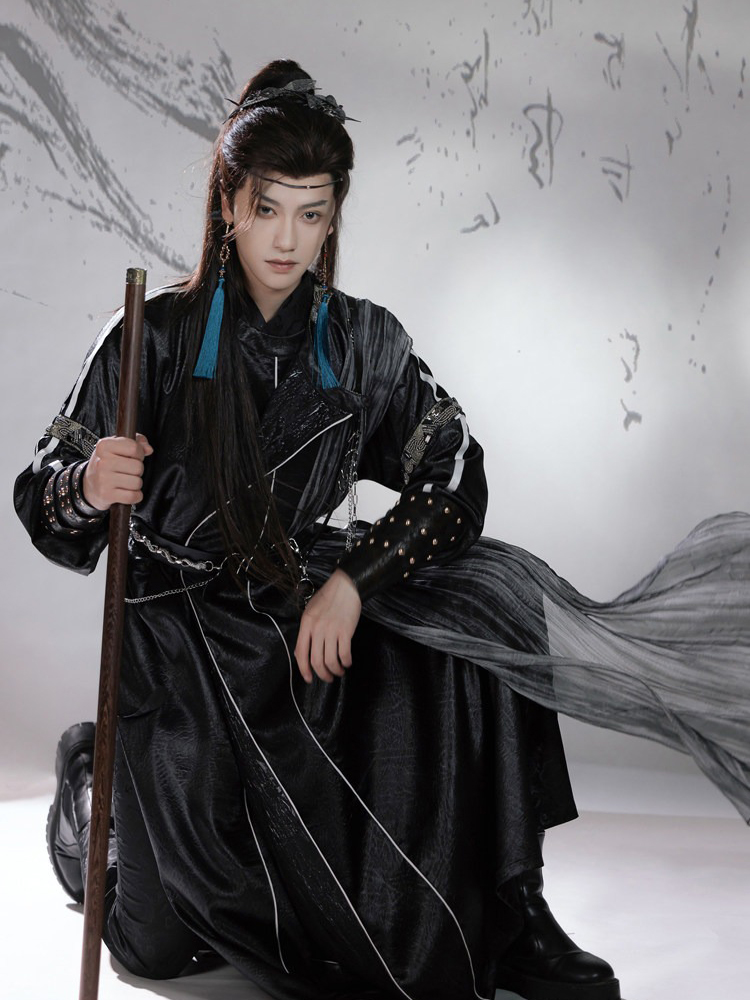Men Martial Arts Hanfu Set Black Long Round-Neck Robe