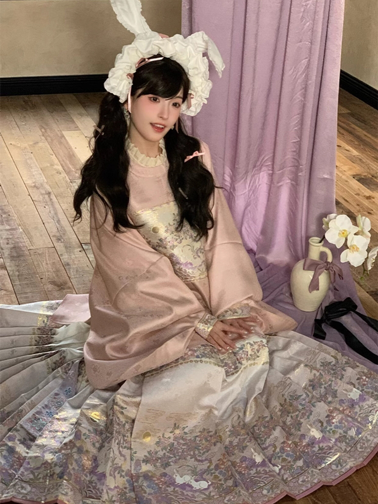 Ming Dynasty Women Hanfu Set Round-Neck Aoqun Set