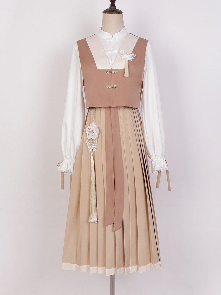 Modern Everyday Hanfu Spring Dress with Vest Vintage Set