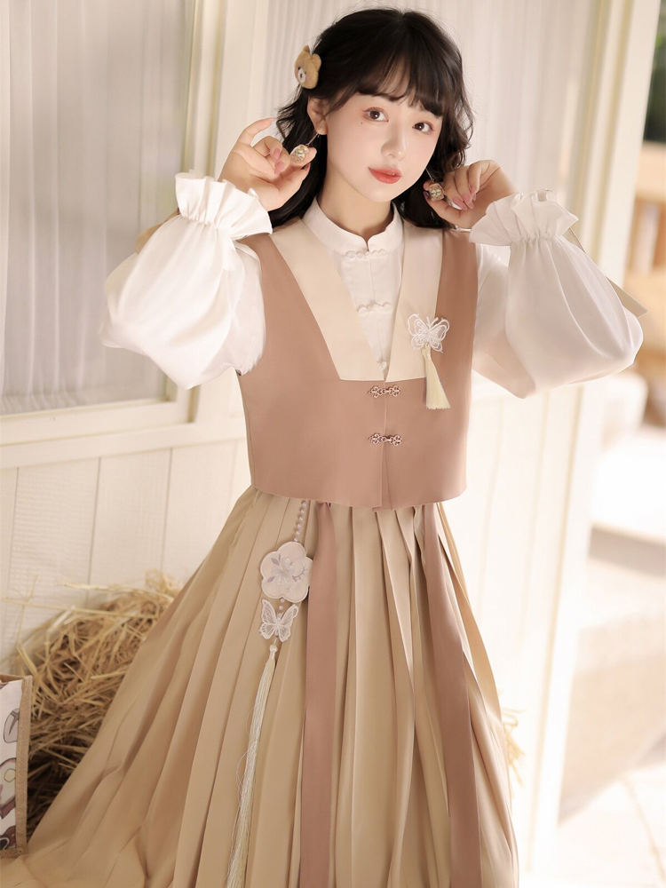 Modern Everyday Hanfu Spring Dress with Vest Vintage Set