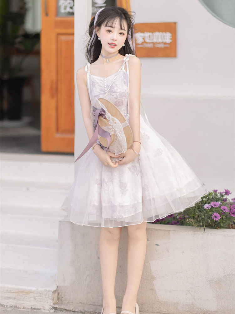 Modern Women Dress Purple Daily Short Dress Hanfu Elements