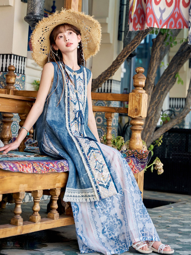 Summer Casual Set Fashionable Hanfu-Inspired Denim-Element Ensemble