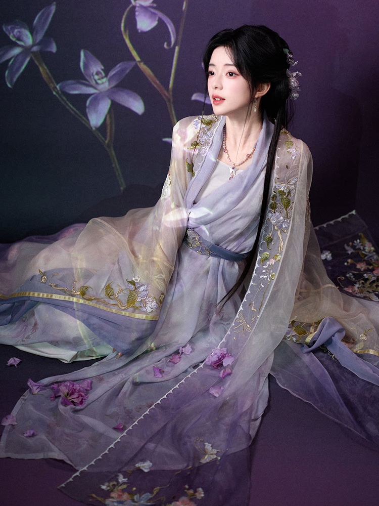 Women Long Song Dynasty Style Hanfu with Embroidered Gradient-Patterned Wide Sleeves