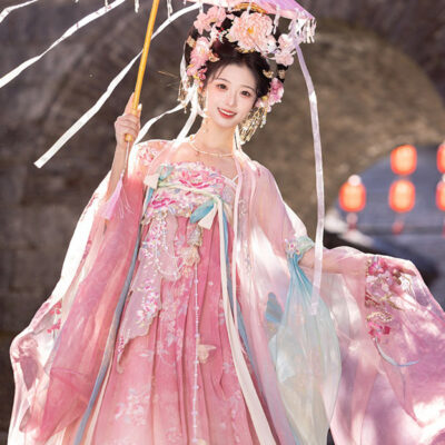 Women Summer Tang Dynasty Hanfu Qixiong Shanqun Pink Cute Set
