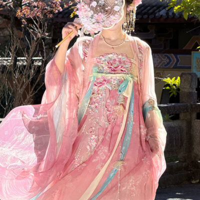 Women Summer Tang Dynasty Hanfu Qixiong Shanqun Pink Cute Set