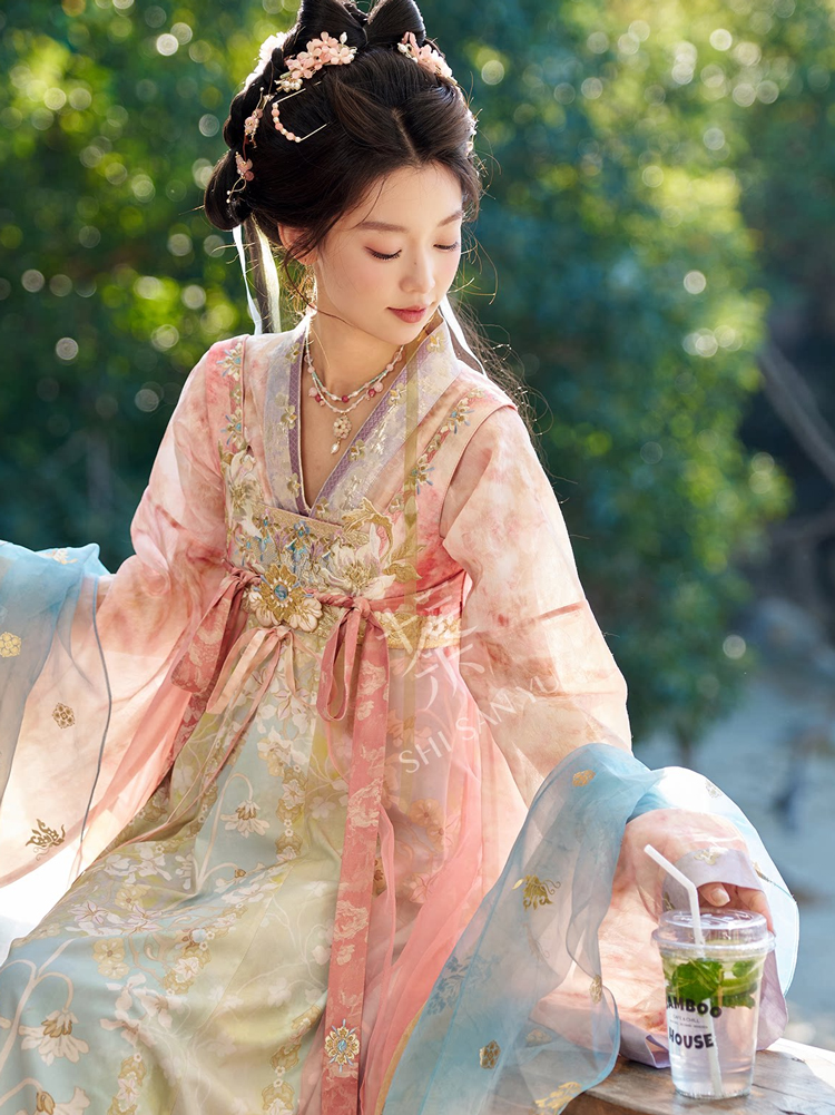 Women Tang Dynasty Hanfu Qixiong Shanqun Pink Iridescent Set