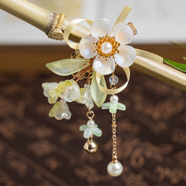 Children Hanfu Accessories Green Lily of the Valley Flower Matching Clips for Girls Classical Accessories