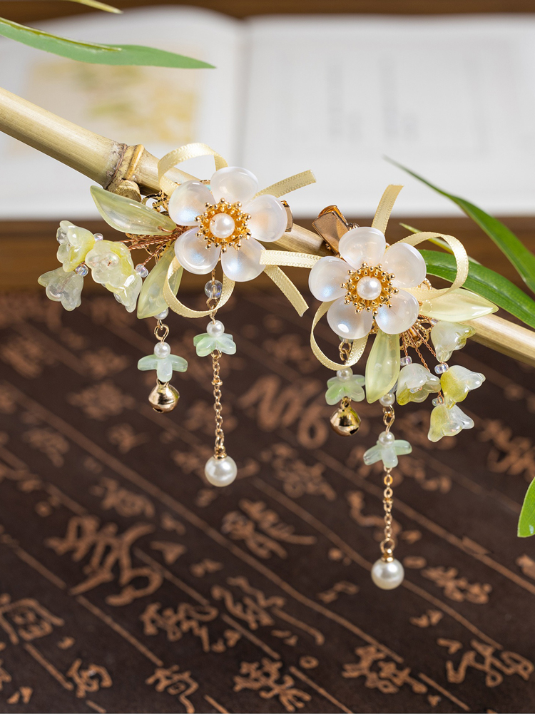 Children Hanfu Accessories Green Lily of the Valley Flower Matching Clips for Girls Classical Accessories